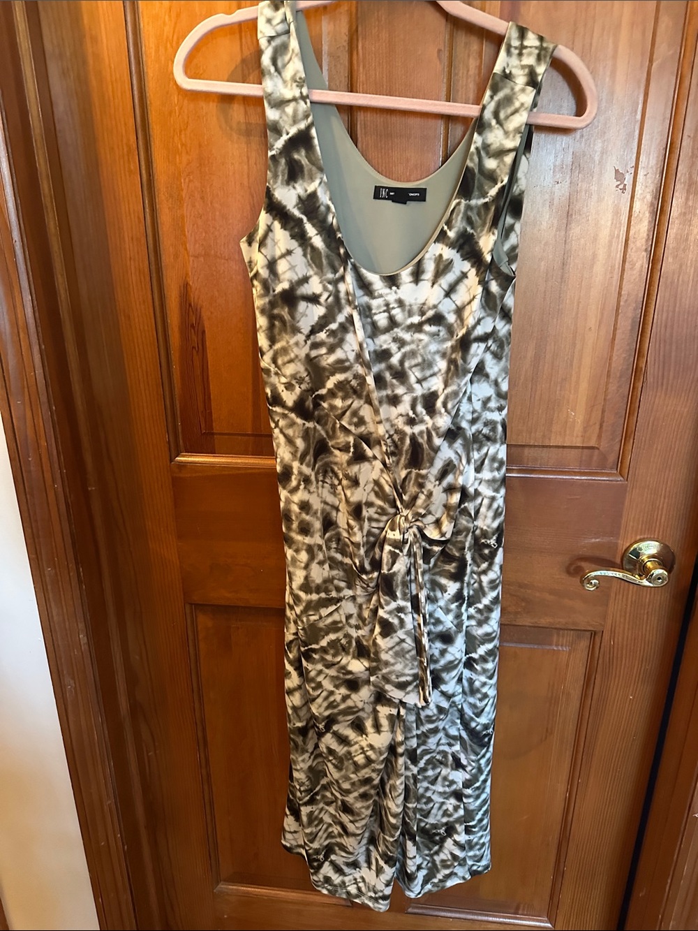 INC International Concepts Olive and Beige Tie-Dye Midi Dress with Tie Waist